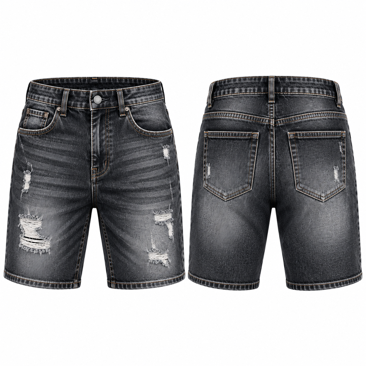 Distressed Black Denim Cargo Shorts