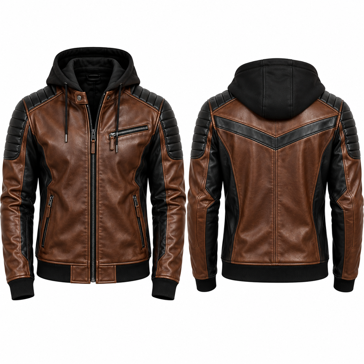 Brown and Black Hooded Leather Jacket