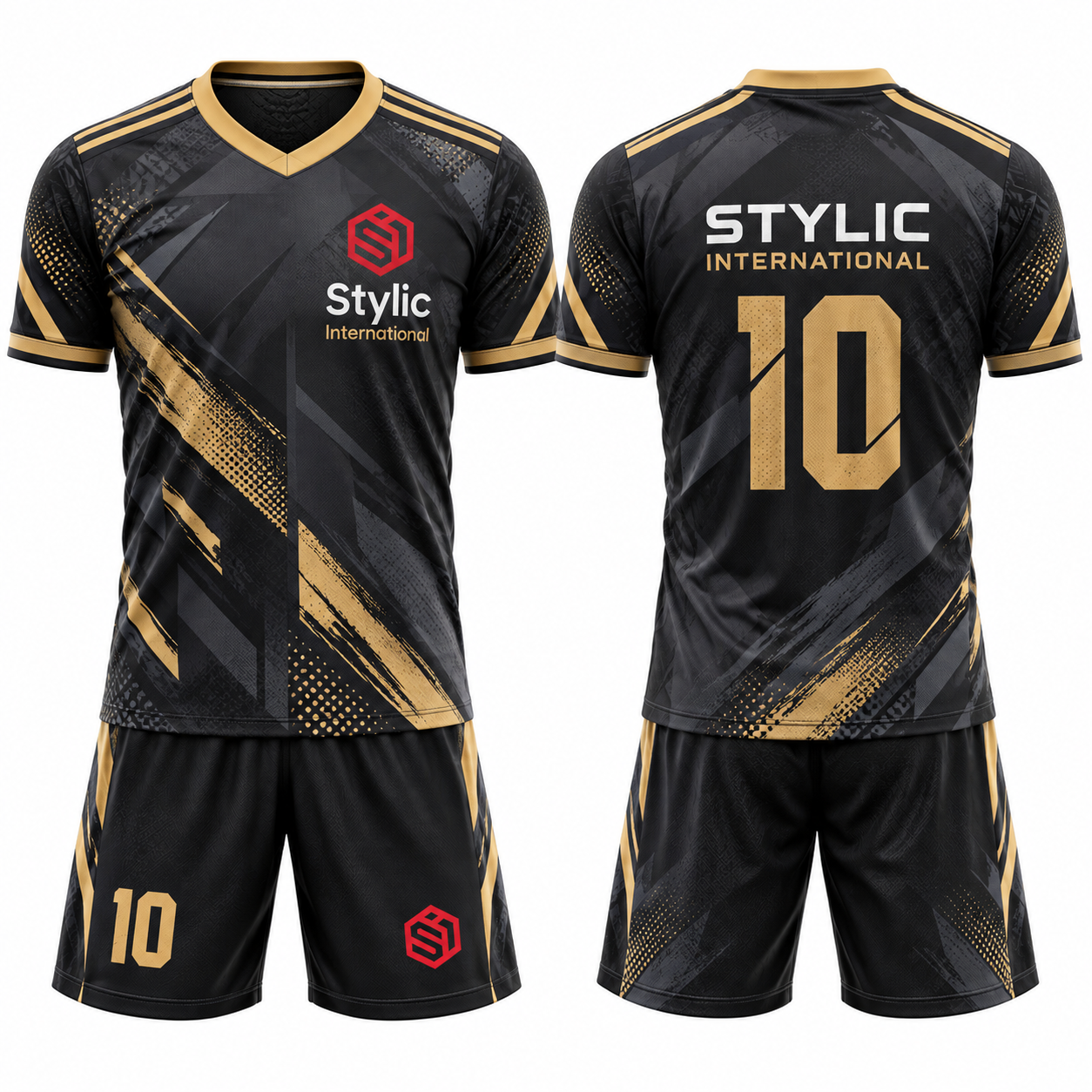 Custom black gold soccer uniform set with jersey and matching shorts