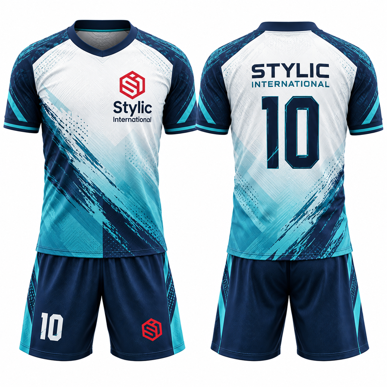 Custom white navy soccer uniform set with cyan accents