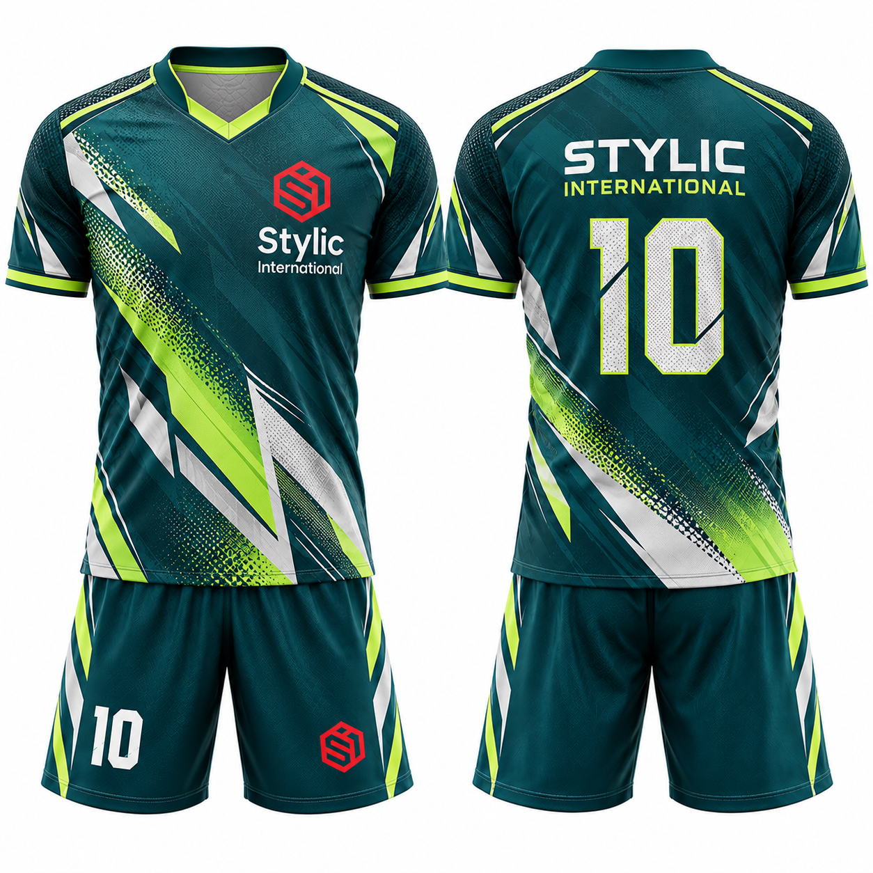 Custom teal lime soccer uniform set with jersey and matching shorts