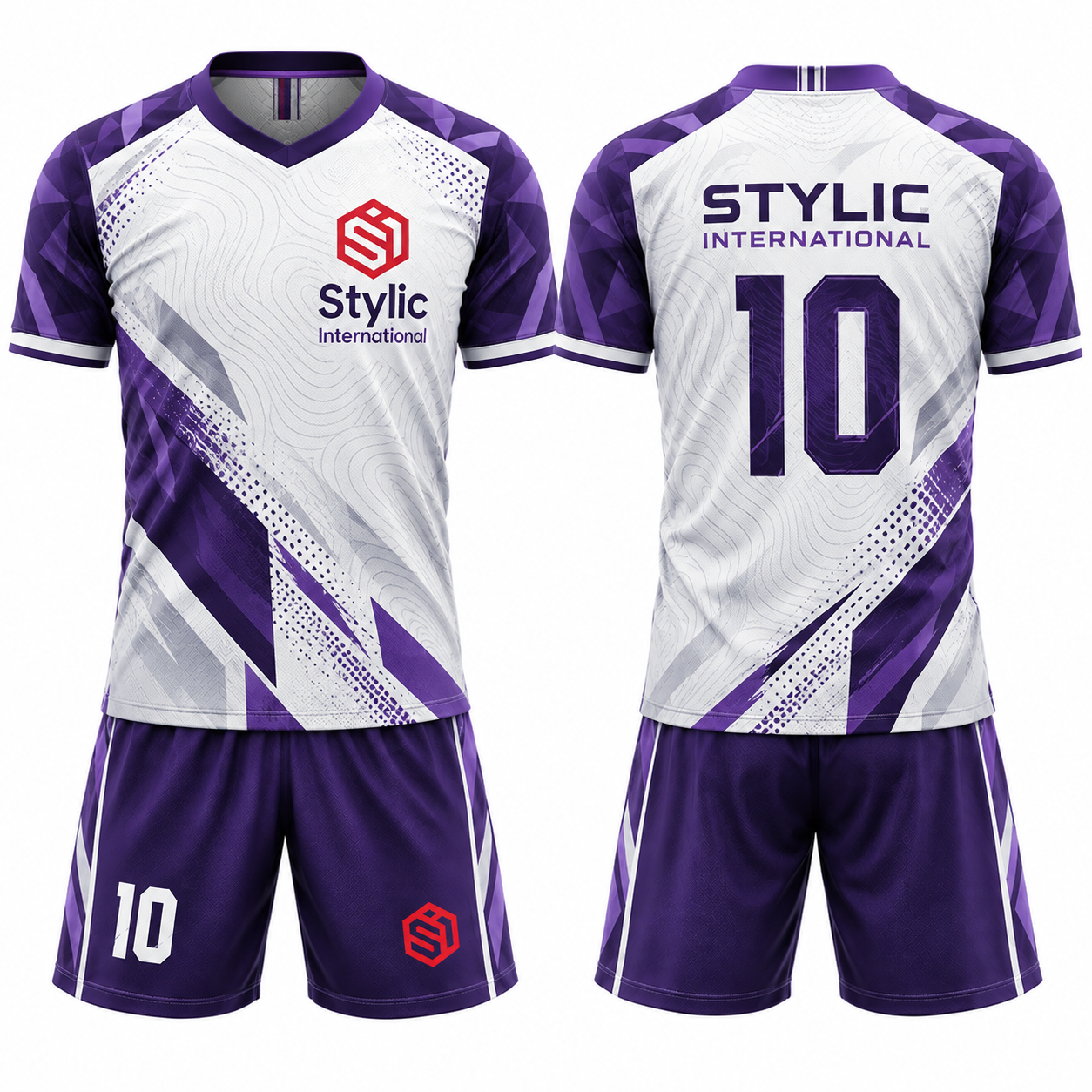Custom purple white soccer uniform set with jersey and matching shorts